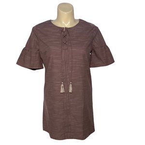 Talori L Dress Shift‎ Mauve Off White Pin Stripe Lace Up Tassle Front Flare Sl